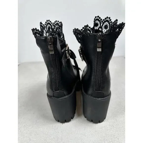 Black Lace Trim Heeled Combat Boots Goth Punk Grunge Alt Platform Chunky Sz 41 - Picture 7 of 7